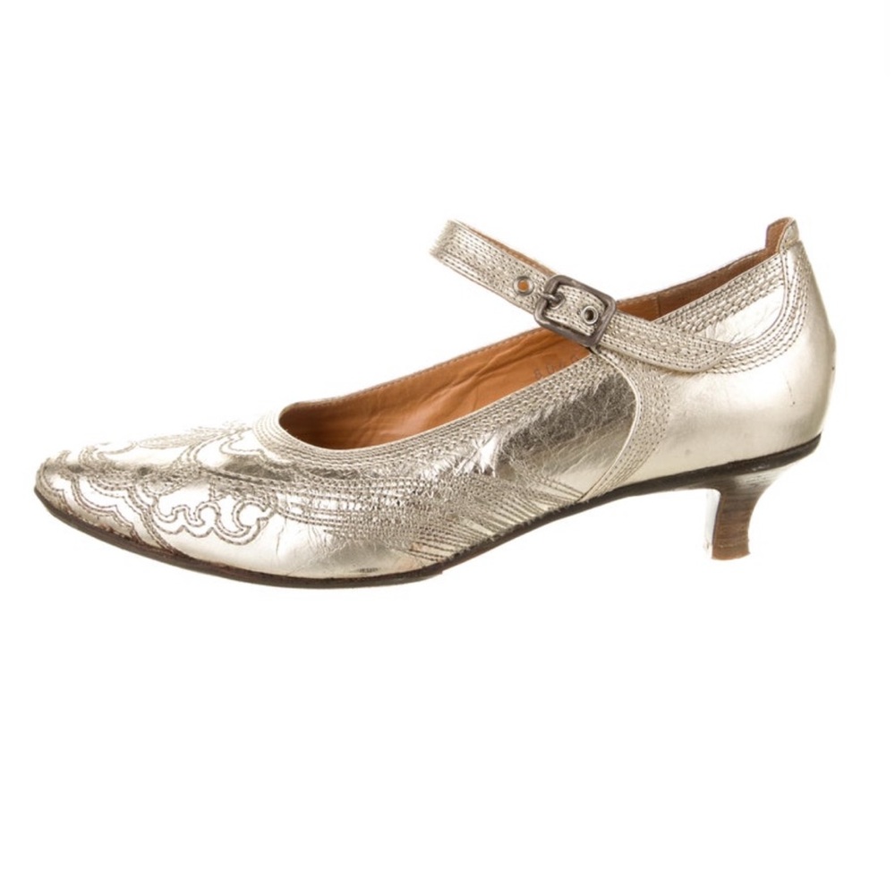 Silver Dries Van Noten Leather Embroidered Accent Pumps Flapper Jazz Age Heels